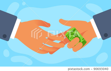 Corruption, bribery in business. People handshake, dollar banknote in hand. Financial crime, illegal money. Businessman pay for contract. Giving bribe in cash vector cartoon flat concept 90693040