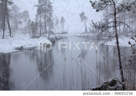Snowfall and river - snowflakes immediately melt in water Snowfall and river - snowflakes immediately melt in water 90693256