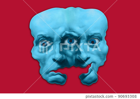 Poster with mask of double human male monster face in horror surreal style. Modern creative concept image with twin head humanoid. Zine culture. Contemporary art illustration. Funky punk CG design. 90693308