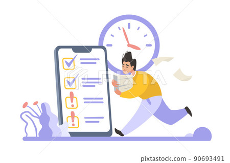 Planning schedule scene. Time management concept. Goals organizing. Tasks priority and daytime routine. Smartphone to do list. Harrying man with papers stack. Vector mobile planner 90693491