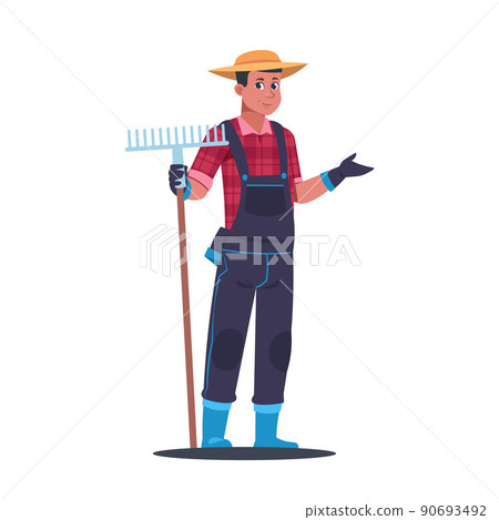 Agricultural work. Cartoon farmer working in field. Standing man with rake. Gardening tools. Farm worker harvesting crops and fruits. Plants cultivation. Vector gardener in overalls 90693492