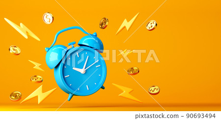 Blue alarm clock with floating gold coins around on bright yellow background 90693494