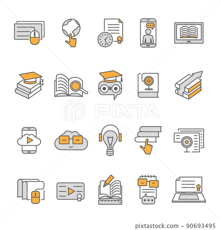 E-learning icon. Digital education. Online webinar with outline symbol of school graduation and distance college. Web studying pictograms. University training. Vector line signs set 90693495