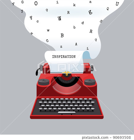 Poet typewriter. Poetry day. Author workplace. Writer inspiration banner. Literacy letter on isolated vintage paper. Writing machine. Typescript lettering. Novel text create. Vector concept 90693508