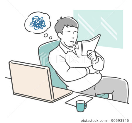 一位擔心在工作中查看文件的年輕商人 90693546