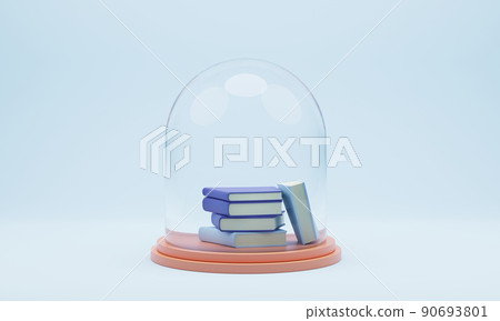 stack of books under glass jar on pedestal, 3d render 90693801