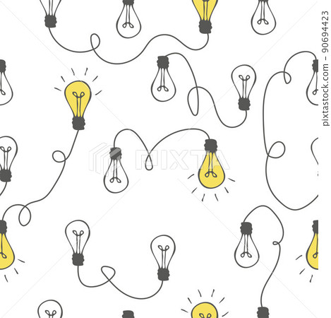 The way to solve a complex idea. Light bulbs and lines, chaotic thoughts seamless pattern. Doodle vector illustration The way to solve a complex idea. Light bulbs and lines, chaotic thoughts seamless pattern. Doodle vector illustration 90694423