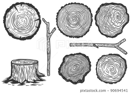 Set of illustrations of wood slice in engraving style. Design element for poster, label, sign, emblem, menu. Vector illustration Set of illustrations of wood slice in engraving style. Design element for poster, label, sign, emblem, menu. Vector illustration 90694541