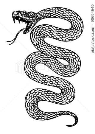 Illustration of poisonous snake  in engraving style. Design element for logo, label, emblem, sign, badge. Vector illustration 90694640