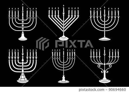 Set of Illustrations of Hanukkah candle in engraving style isolated on white background. Design element for poster, card, banner, sign, emblem. Vector image Set of Illustrations of Hanukkah candle in engraving style isolated on white background. Design element for poster, card, banner, sign, emblem. Vector image 90694660