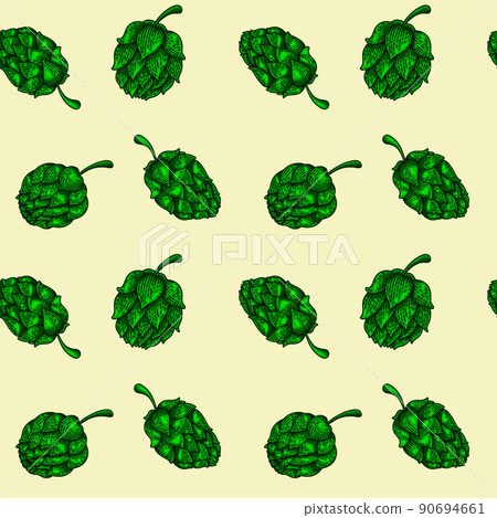 Seamless pattern with beer hops in engraving style. Design element for poster, card, banner, clothes. Vector illustration 90694661