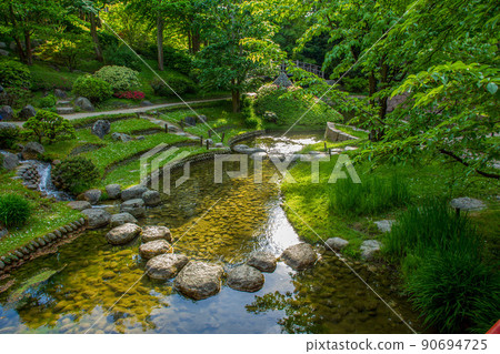 High angle View in quick stream in japanese gardeen in Albert Kahn park High angle View in quick stream in japanese gardeen in Albert Kahn park 90694725
