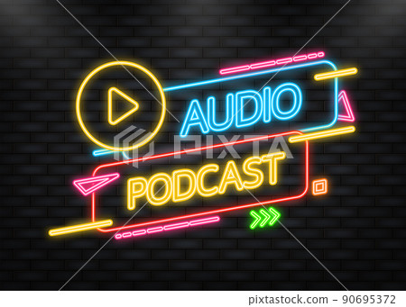 Neon Icon. Audio podcast banner, yellow emblem label. Vector illustration 90695372