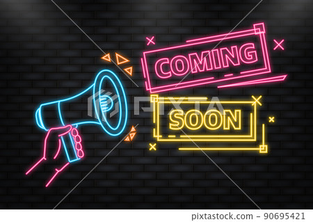 Neon Icon. Coming soon megaphone yellow banner in 3D style on white background. Vector illustration 90695421