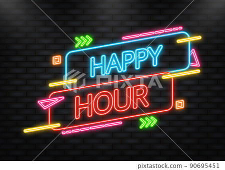 Neon Icon. Banner happy hour on dark background. Elegant design. Sale banner. Vector illustration. Neon Icon. Banner happy hour on dark background. Elegant design. Sale banner. Vector illustration. 90695451