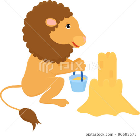 Cute little cartoon lion playing with sandcastle 90695573