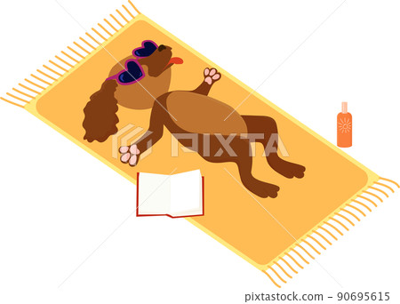 Dog taking sunbath on the beach vacation. Dog taking sunbath on the beach vacation. 90695615