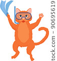 Ginger cat diver cartoon mascot isolated on white. 90695619