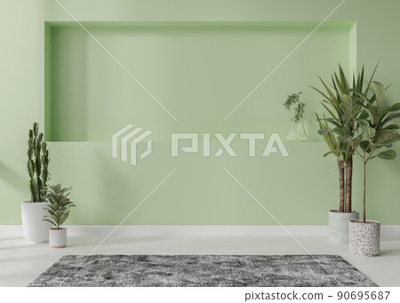 Room with white wooden floor, green wall and empty space. Plants, carpet. Mock up interior. Free, copy space for your furniture, picture, decoration and other objects. 3D rendering. 90695687