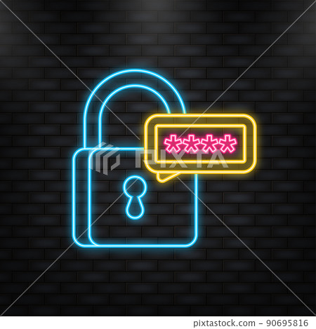 Cyber security concept. Neon icon. Padlock, lock. Privacy concept. Flat button. Digital background 90695816