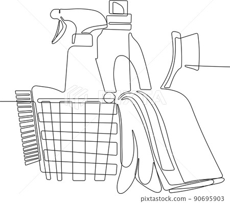 Continuous line draw of set bottles of different cleaning procucts friendly cleaning. Minimal concept 90695903