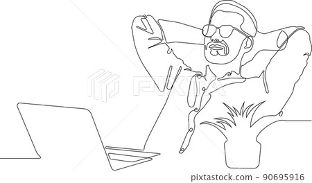 One single line drawing of young man in sit relax at home office 90695916