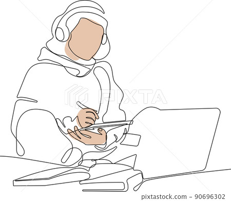 Teen girl school student wear headphone studying Teen girl school student wear headphone studying 90696302