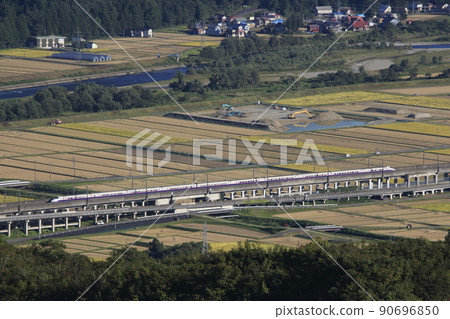 秋季上越新幹線E2系列和魚沼的稻田 90696850