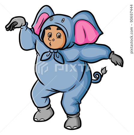 The fat man with a elephant costume is posing like an elephant 90697444