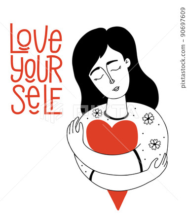 Love yourself. cute girl with big red heart hugs herself. Vector illustration in hand drawn doodle style. Concept of self-love, care and find time for yourself Love yourself. cute girl with big red heart hugs herself. Vector illustration in hand drawn doodle style. Concept of self-love, care and find time for yourself 90697609