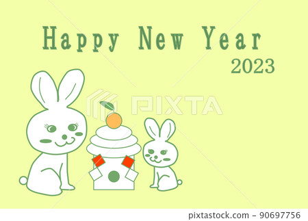 Parents and children of cute rabbits surrounding Kagami mochi Parents and children of cute rabbits surrounding Kagami mochi 90697756
