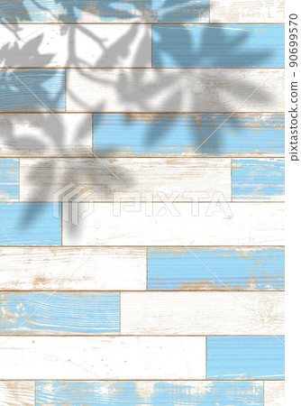 Blue and white wooden deck and plumeria leaf shadows, cool summer image 90699570