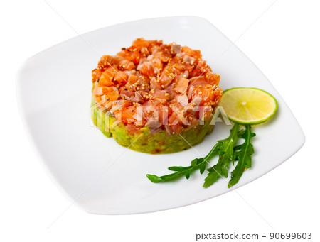 Salmon tartare with guacomole, sesame Salmon tartare with guacomole, sesame 90699603