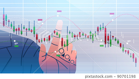 trader hand analyzig falling down stock market trading graph candlestick chart financial investment economy trends 90701198