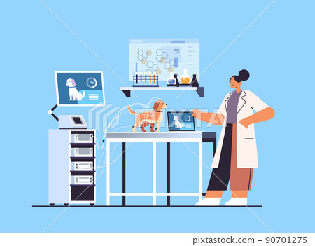 scientist or veterinary worker doing experiments in lab with experimental dog biological genetic engineering research 90701275