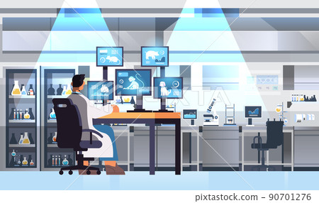 veterinary worker work on desktop with animals on screens scientist doing experiments in lab biological genetic engineering research 90701276