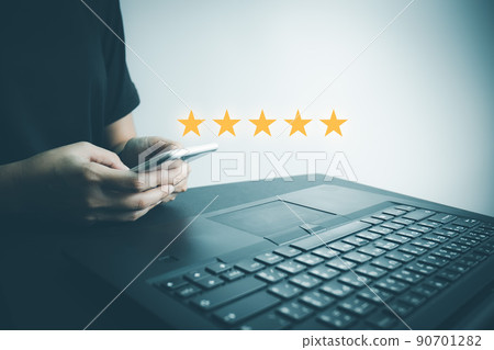 Satisfied customer experience concept, happy business customer using smartphone, the best review, High quality service, Most rated, the highest score, 5 stars, Social media very good. 90701282