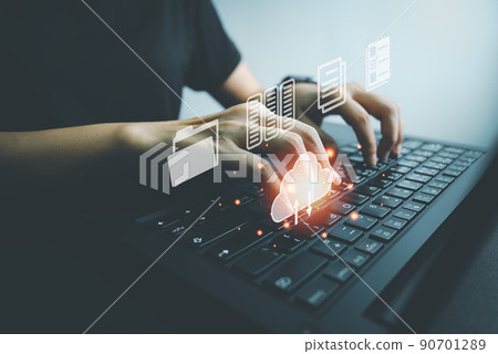 Officer using laptop manage files, Document Management System (DMS), Online document database management, automated processes to manage system, ERP enterprise efficient, business technology. 90701289