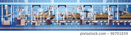 tanks on assembly conveyor line with robot arms special battle transport military equipment heavy armored vehicle production tanks on assembly conveyor line with robot arms special battle transport military equipment heavy armored vehicle production 90701839