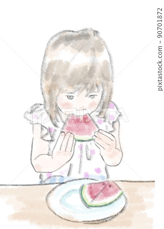 一個女孩吃西瓜的插圖 一個女孩吃西瓜的插圖 90701872