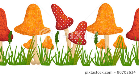 Hand drawn fall autumn seamless horizntal border with mushrooms forest wood grass leaves. Woodland frame in red orange yellow. Decorative ornament illustration. Hand drawn fall autumn seamless horizntal border with mushrooms forest wood grass leaves. Woodland frame in red orange yellow. Decorative ornament illustration. 90702634