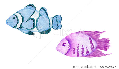 Watercolor illustration of tropical fish in blue turquoise purple colors, ocean sea underwater wildlife animals. Nautical summer beach design, coral reef life nature. Watercolor illustration of tropical fish in blue turquoise purple colors, ocean sea underwater wildlife animals. Nautical summer beach design, coral reef life nature. 90702637