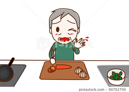 (前)一位老人因切菜、割傷手指、流血和疼痛而哭泣。 (前)一位老人因切菜、割傷手指、流血和疼痛而哭泣。 90702700