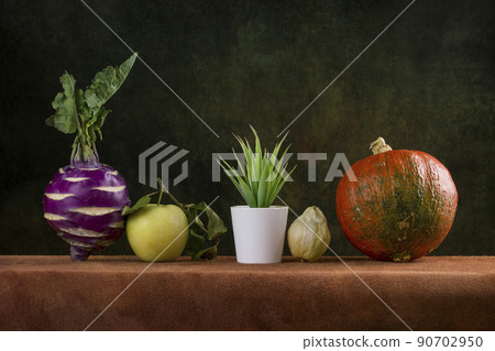Still life with kohlrabi cabbage, apple, cactus, physalis and pumpkin 90702950