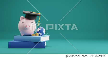 Investment education and scholarships concept design of piggy bank with graduation hat on book 3D render 90702994