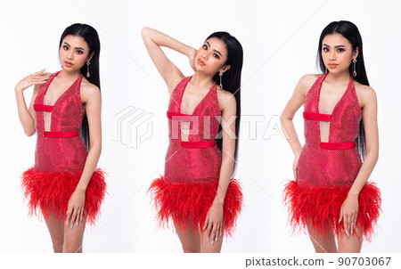 Half Body of Young Asian 20s Beautiful Woman, look at camera, wear Sparkling Sequin Evening Gown Half Body of Young Asian 20s Beautiful Woman, look at camera, wear Sparkling Sequin Evening Gown 90703067