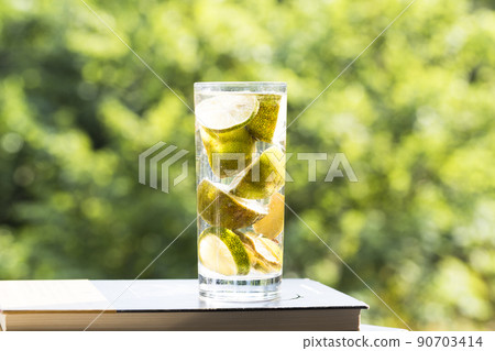 在陽光下，在檸檬水和檸檬水的書上 90703414