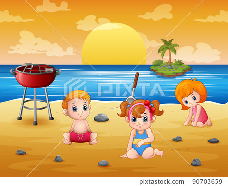 Vector illustration of Children playing at the beach  90703659