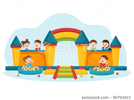 Children Playground with Swings, Slide, Climbing Ladders and More in the Amusement Park for Little Ones to Play in Flat Cartoon Illustration 90703922