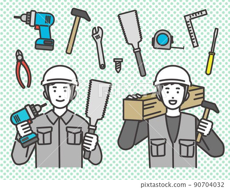 木匠、工匠、帶工具/通訊/現場監督/施工的工人等上半身的矢量圖解材料 90704032